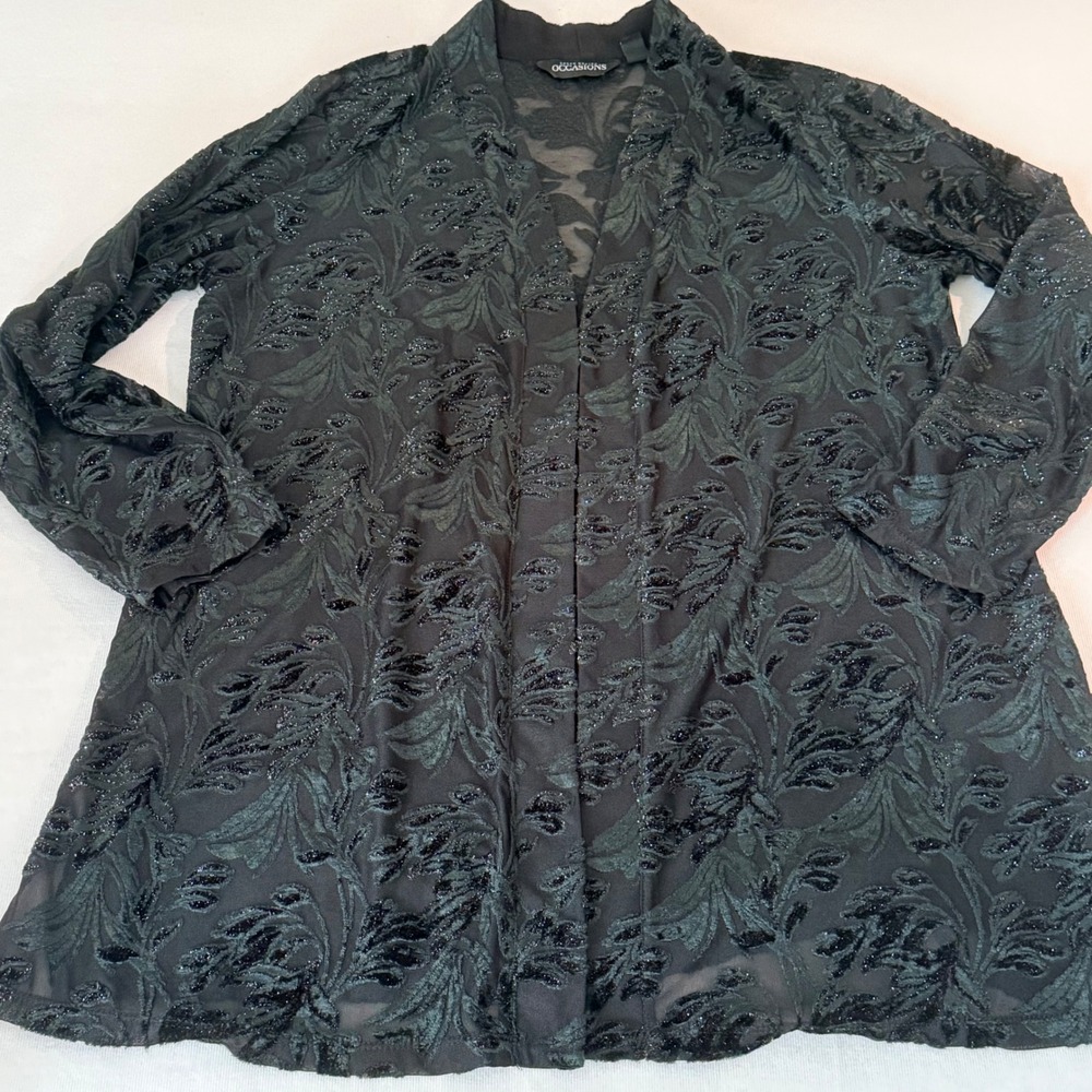 Susan Graver Occasion Cardigan MP Black Velvet Burnout Glitter Open Front Kimono - Picture 15 of 16